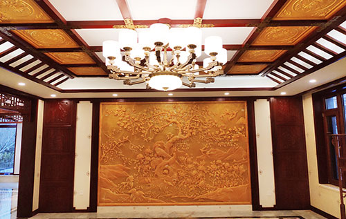 高县中式别墅客厅中式木作横梁吊顶装饰展示